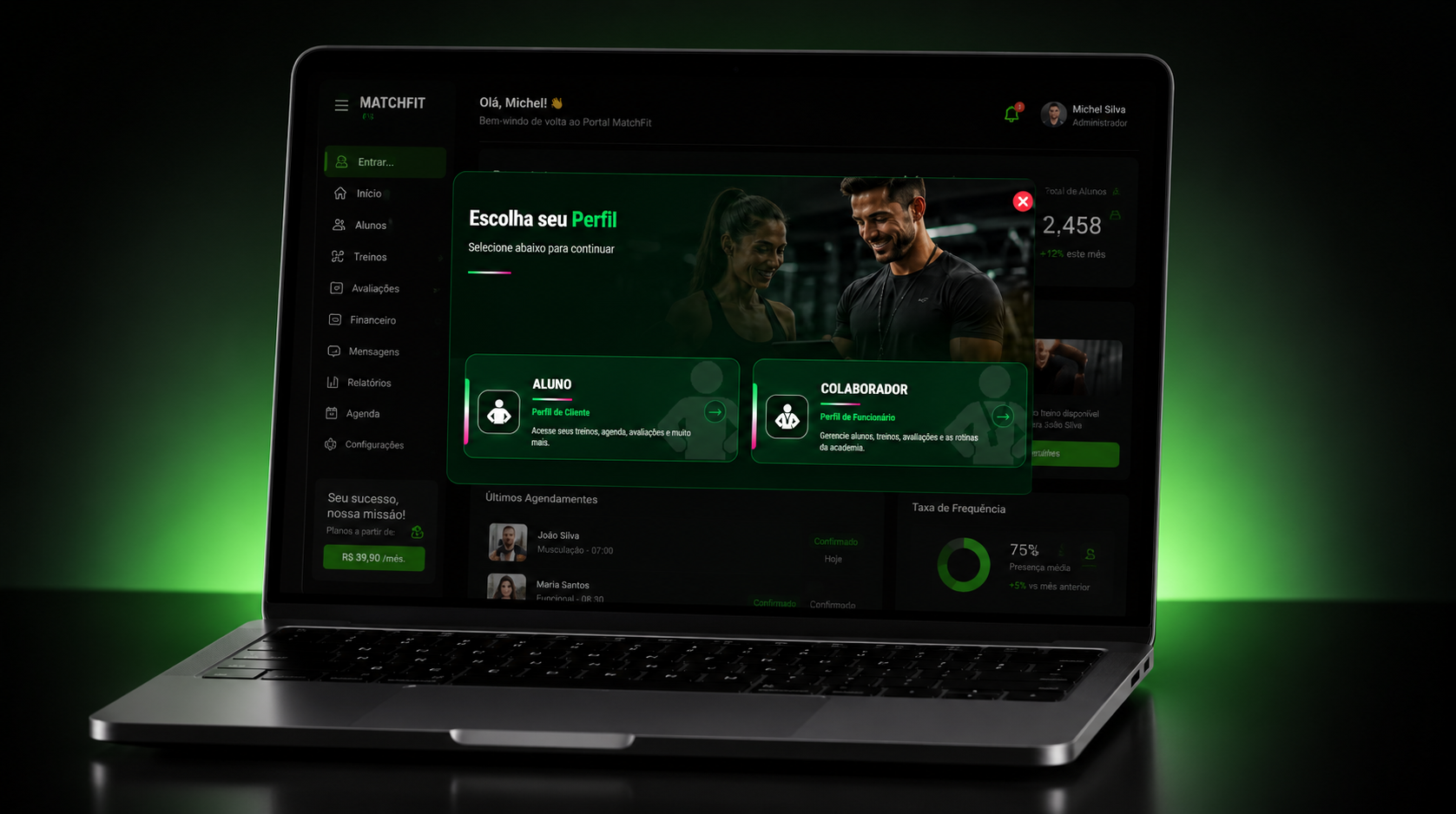 Notebook exibindo o Portal do Aluno da Match Fit