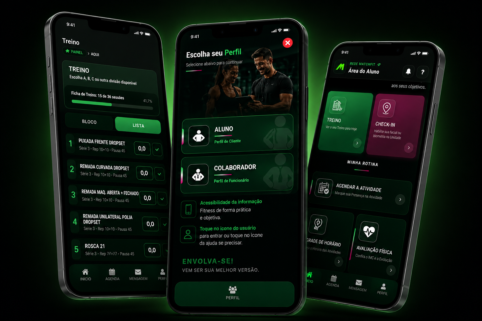 Telas oficiais do aplicativo Match Fit em três smartphones